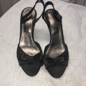 J. Crew chocolate brown satin bow heels.